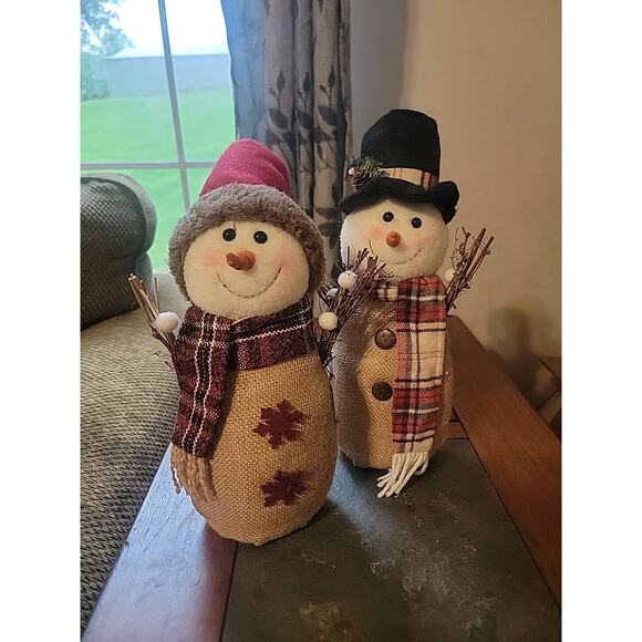 Set of 2 Holiday Style Burlap Snowmen Holiday Christmas 12" - Picture 2 of 4